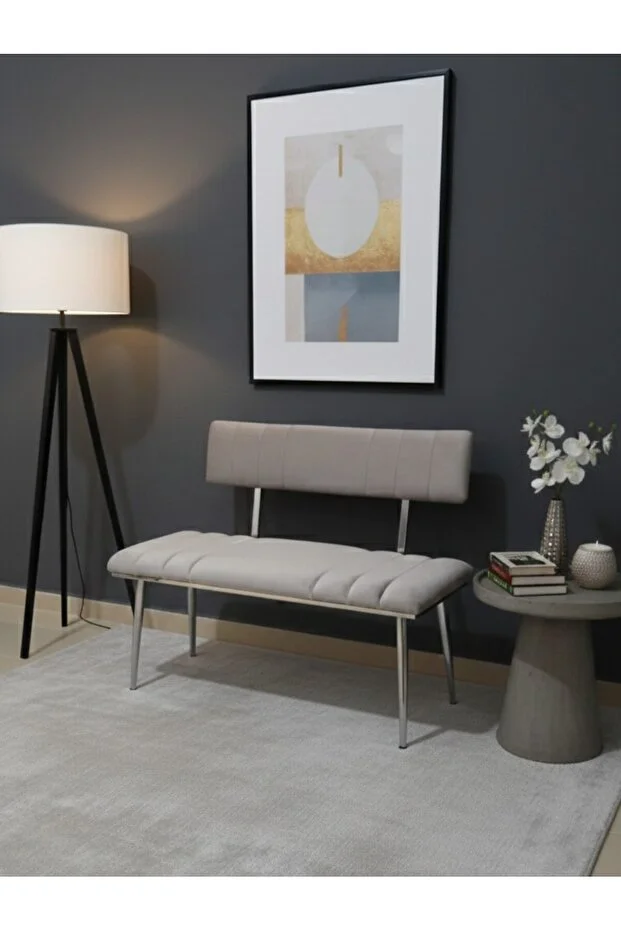 Krem Metal Ayaklı Metal Kasalı Sırtlı Krom Bench 